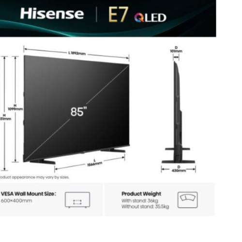 Hisense E7Q 85E79Q, 2,16 m (85?), 3840 x 2160 Pixel, QLED, Smart TV, Wi-Fi, Nero